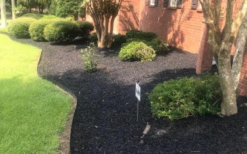 Black Rubber Mulch Landscaping Around Brick House