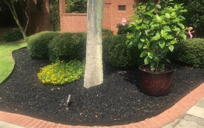 Black Rubber Mulch Landscaping Around Brick House